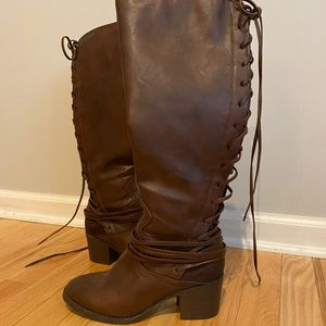 Brown Tall Lace Up Western Style Boot